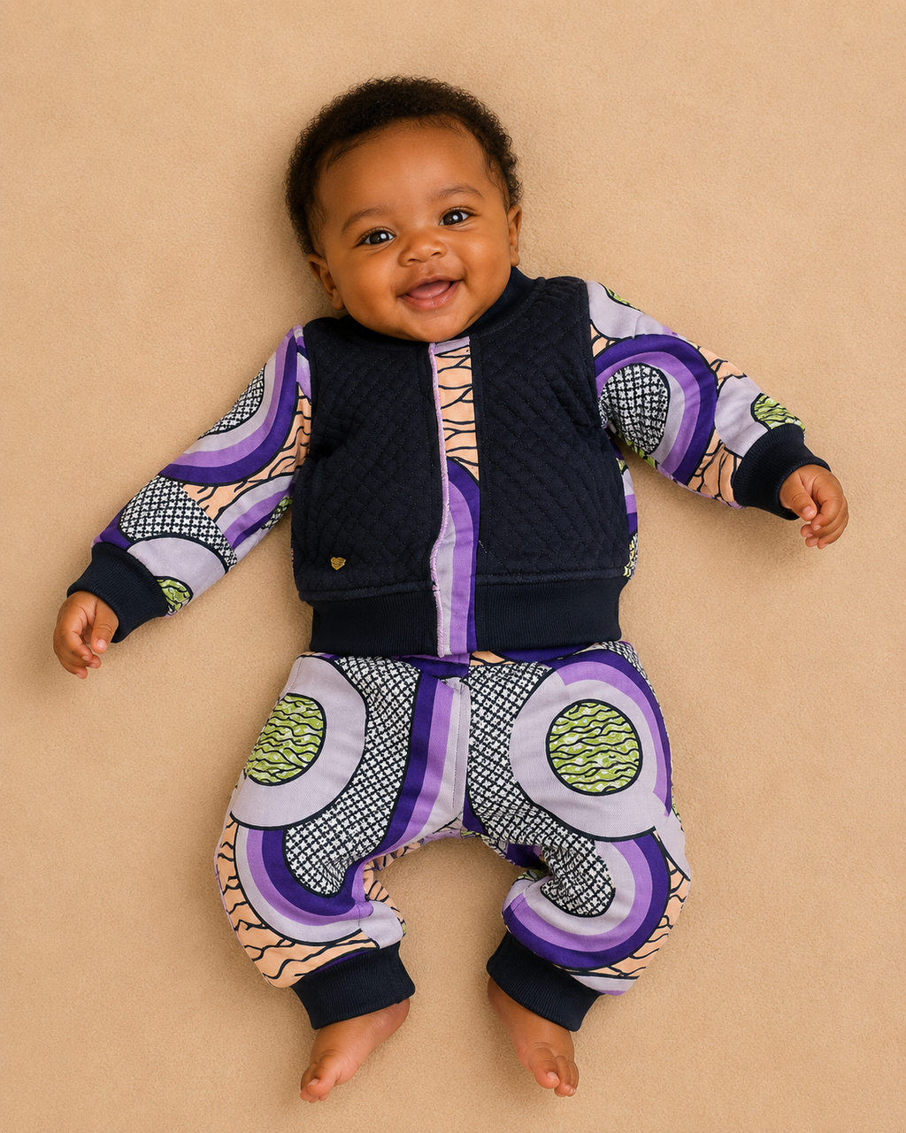 African waxprint Baby Set 0–3 Months – Quilted Jacket & Wax Print Pants( 499 kr)