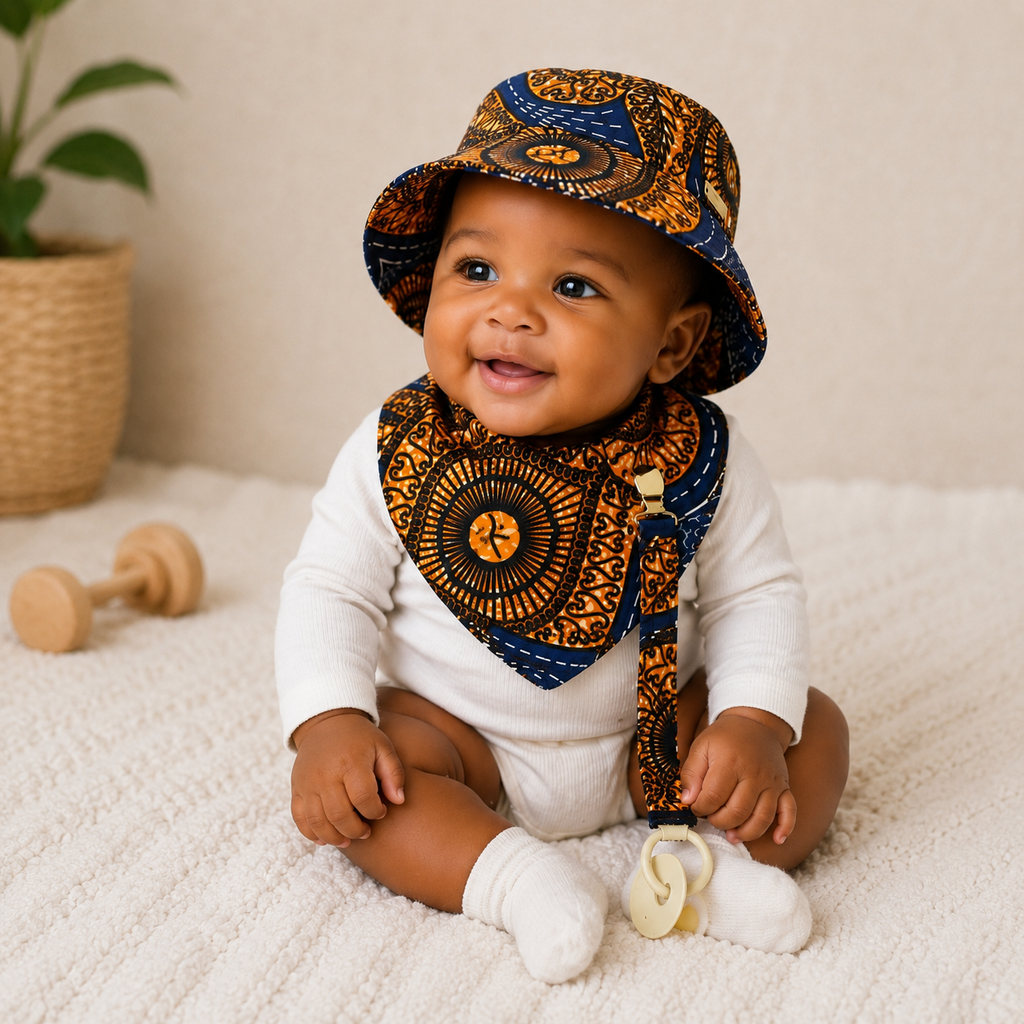 African Wax Print Baby set –  Sun Hat, Bib & Pacifier Clip(499 kr)
