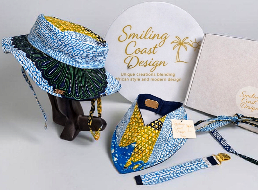 African Wax Print Baby Set – Sun Hat, Bib & Pacifier Clip (499 kr)