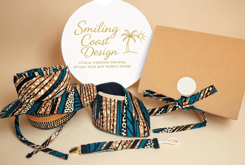African Wax Print Baby Set –  Sun Hat, Bib & Pacifier Clip(499 kr)