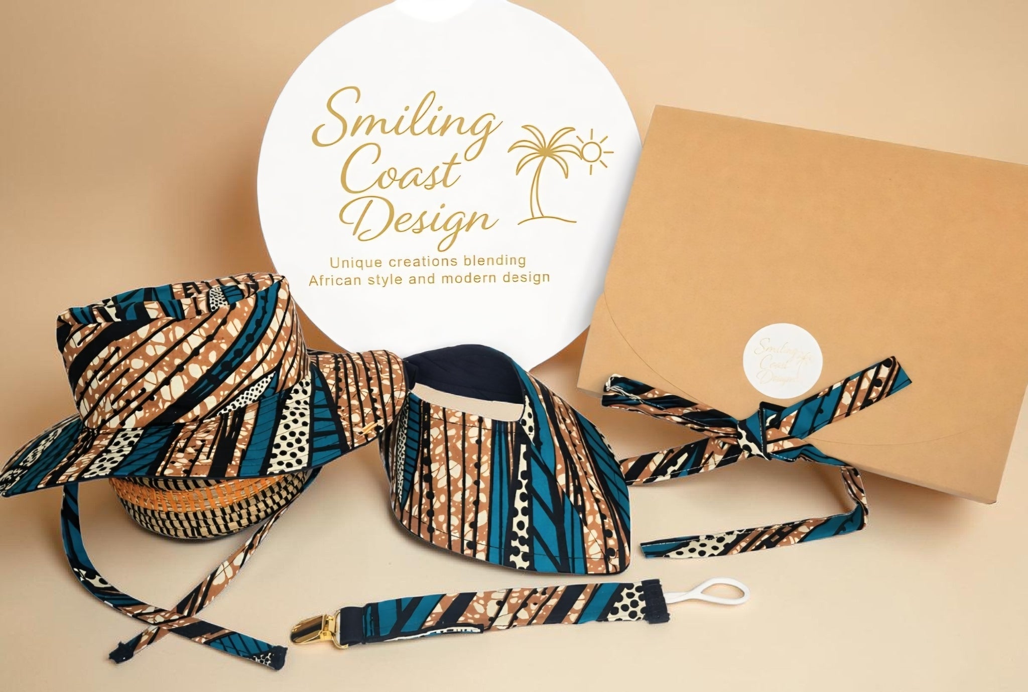 African Wax Print Baby Set –  Sun Hat, Bib & Pacifier Clip(499 kr)