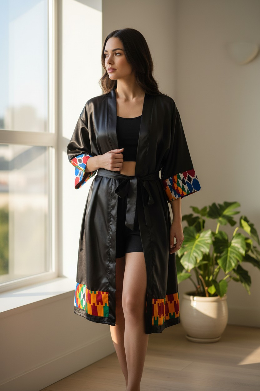 African Waxprint/Black Satin Robe (699 kr)