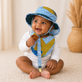 African Wax Print Baby Set – Sun Hat, Bib & Pacifier Clip (499 kr)
