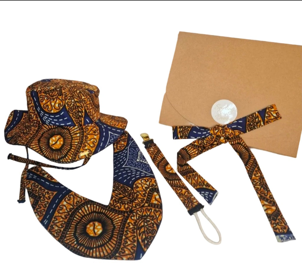 African Wax Print Baby set –  Sun Hat, Bib & Pacifier Clip(499 kr)