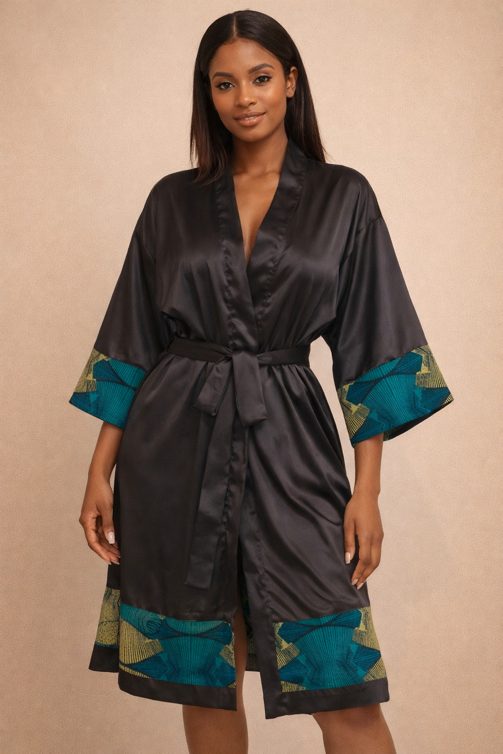 African Waxprint/Black Satin Robe-One (699 kr)