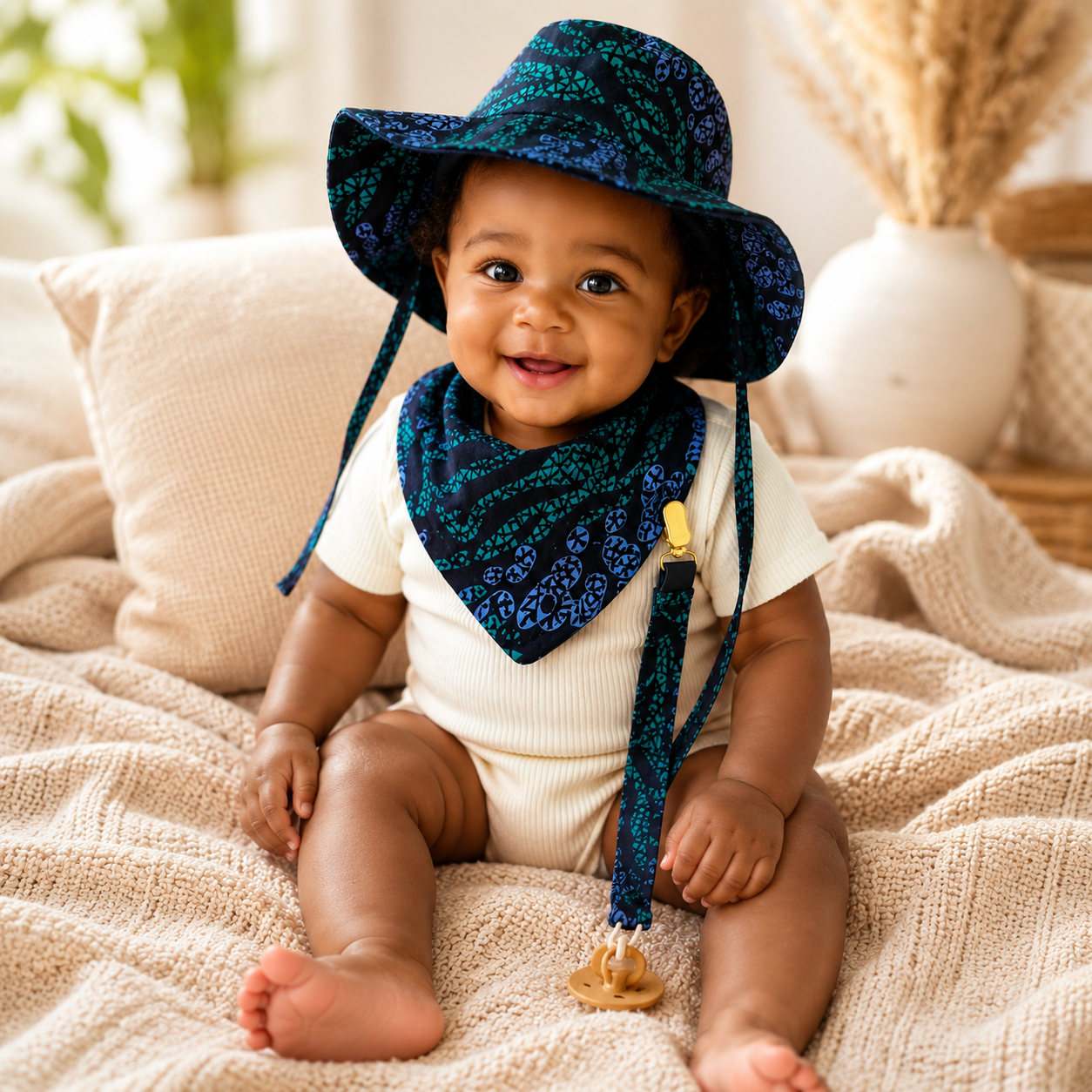 African Wax Print Baby Set – Sun Hat, Bib & Pacifier Clip(499 kr)