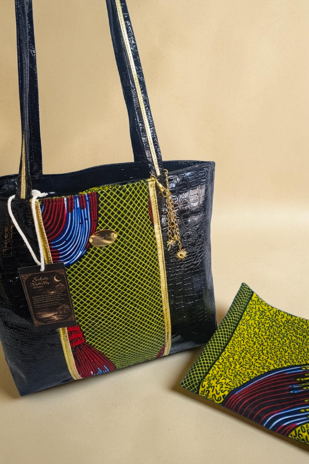 Luxury African waxprint/Vegan Leather  Totebag Set  (995 kr)