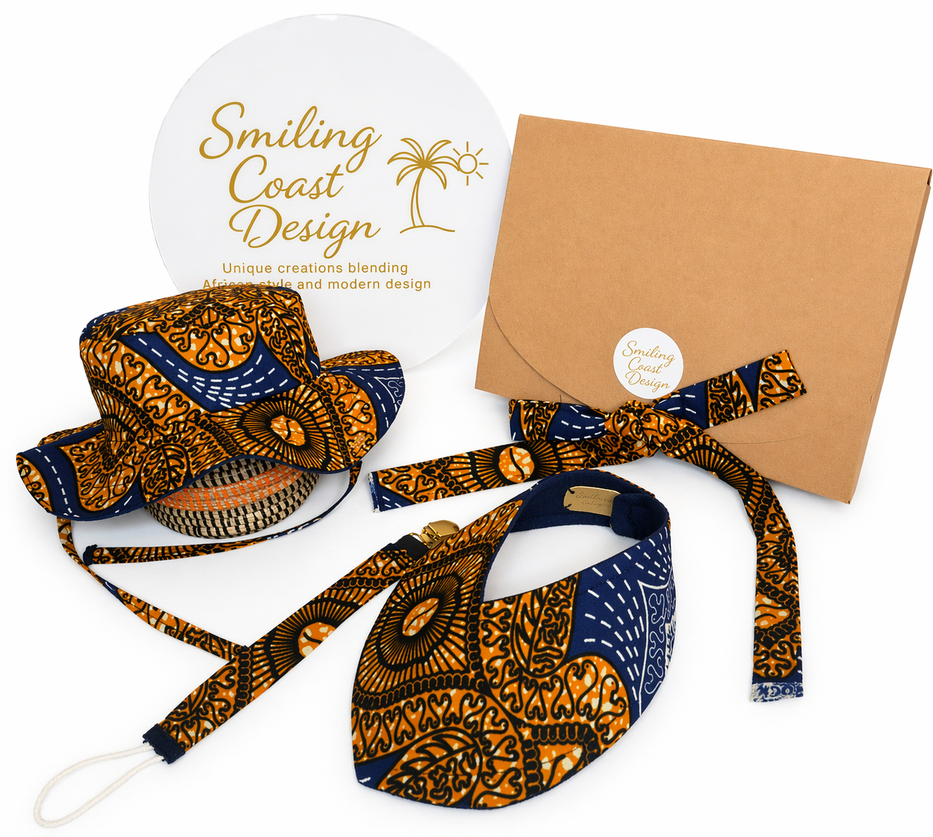 African Wax Print Baby set –  Sun Hat, Bib & Pacifier Clip(499 kr)