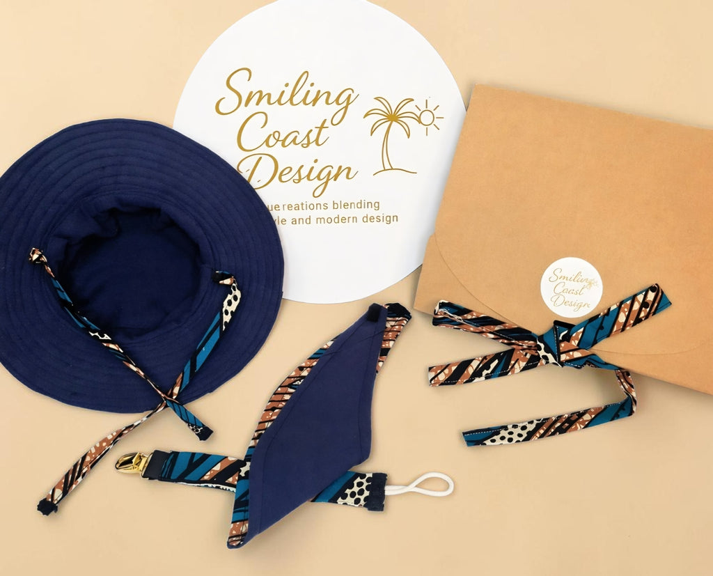 African Wax Print Baby Set –  Sun Hat, Bib & Pacifier Clip(499 kr)