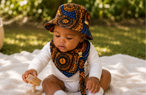 African Wax Print Baby set –  Sun Hat, Bib & Pacifier Clip(499 kr)
