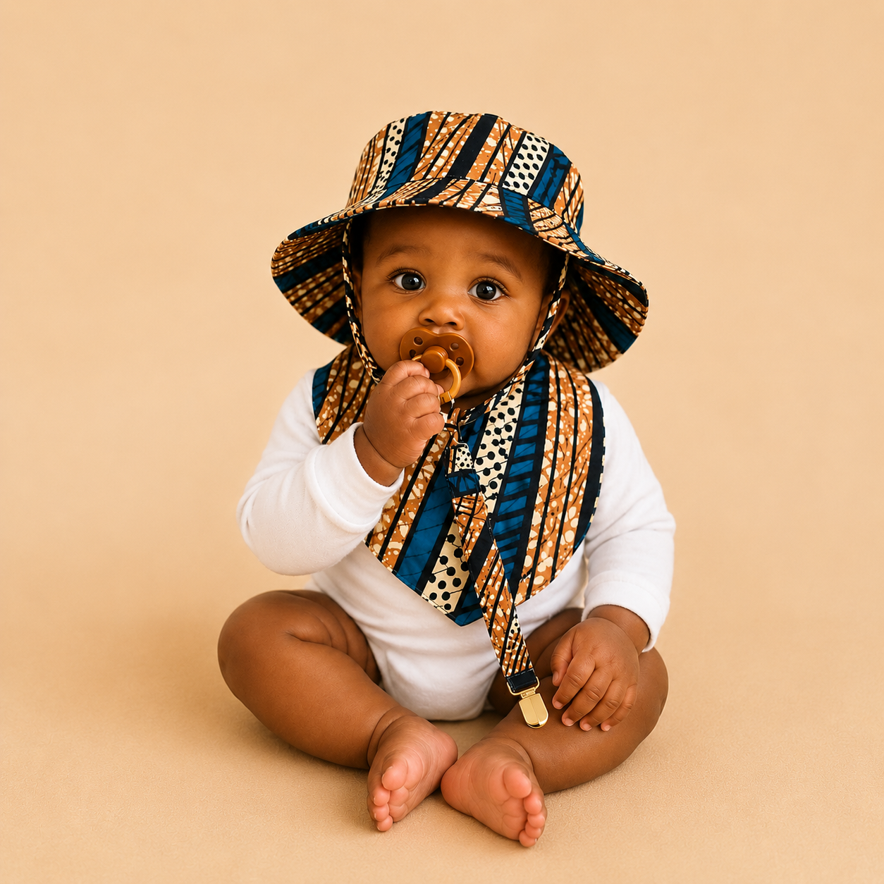 African Wax Print Baby Set –  Sun Hat, Bib & Pacifier Clip(499 kr)
