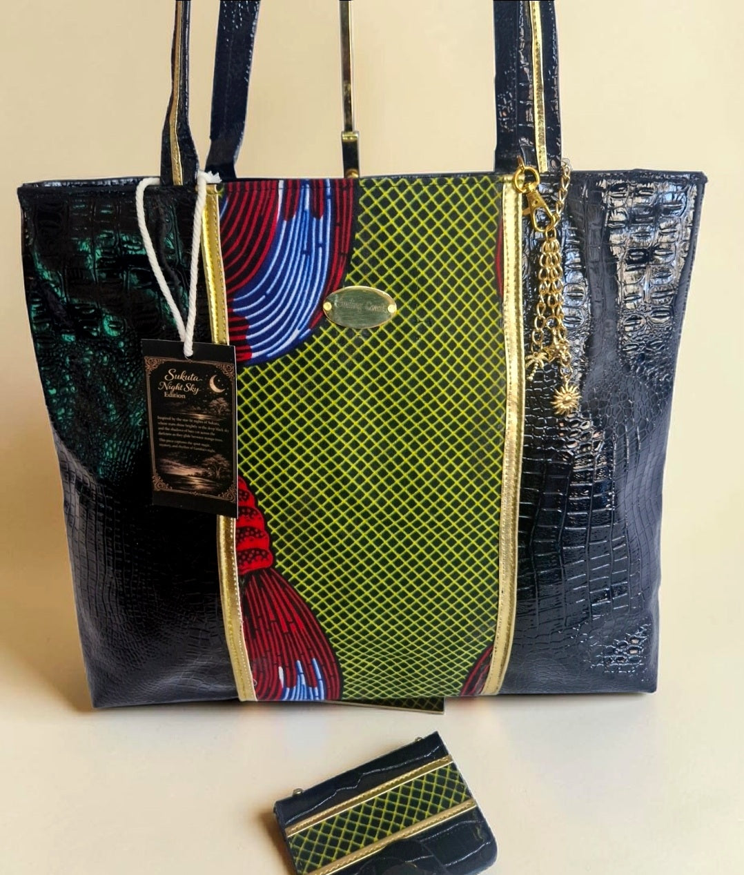 Luxury African waxprint/Vegan Leather  Totebag Set  (995 kr)