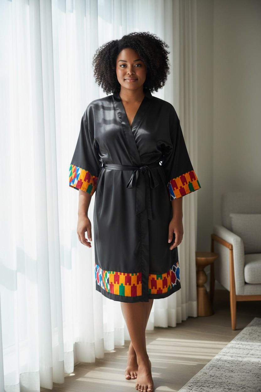 African Waxprint/Black Satin Robe (699 kr)