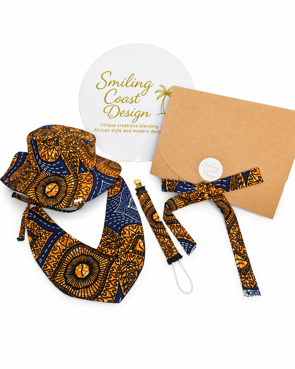 African Wax Print Baby set –  Sun Hat, Bib & Pacifier Clip(499 kr)