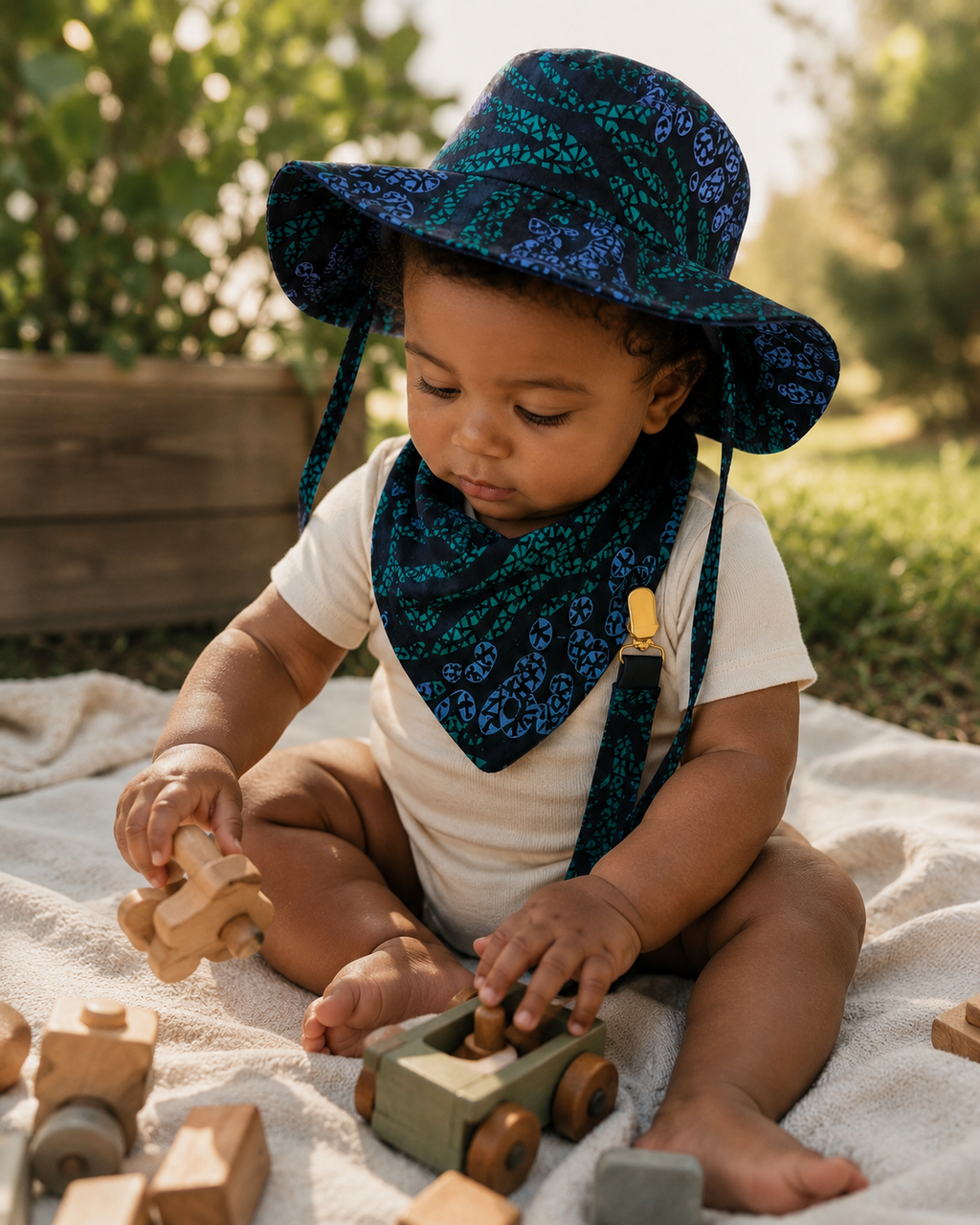 African Wax Print Baby Set – Sun Hat, Bib & Pacifier Clip(499 kr)
