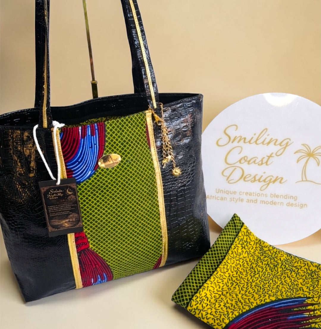 Luxury African waxprint/Vegan Leather  Totebag Set  (995 kr)
