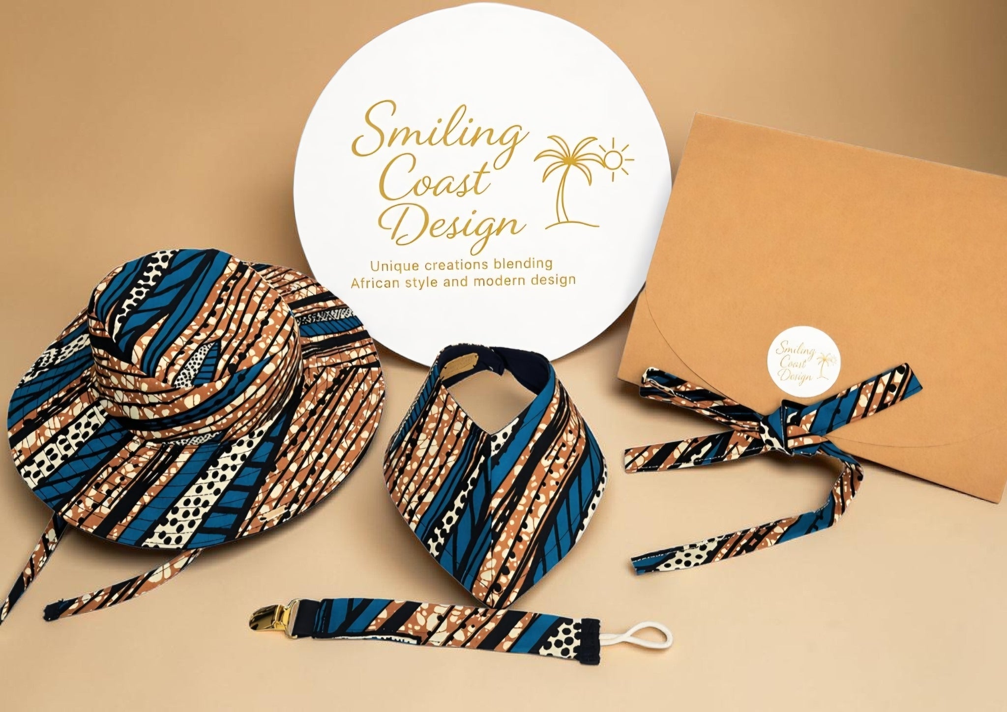 African Wax Print Baby Set –  Sun Hat, Bib & Pacifier Clip(499 kr)