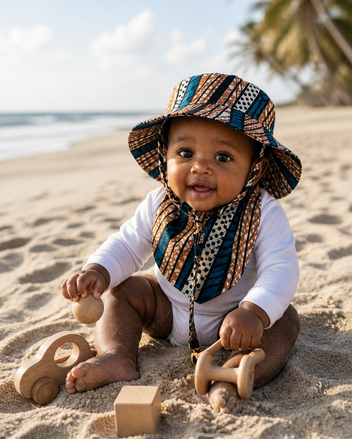 African Wax Print Baby Set –  Sun Hat, Bib & Pacifier Clip(499 kr)